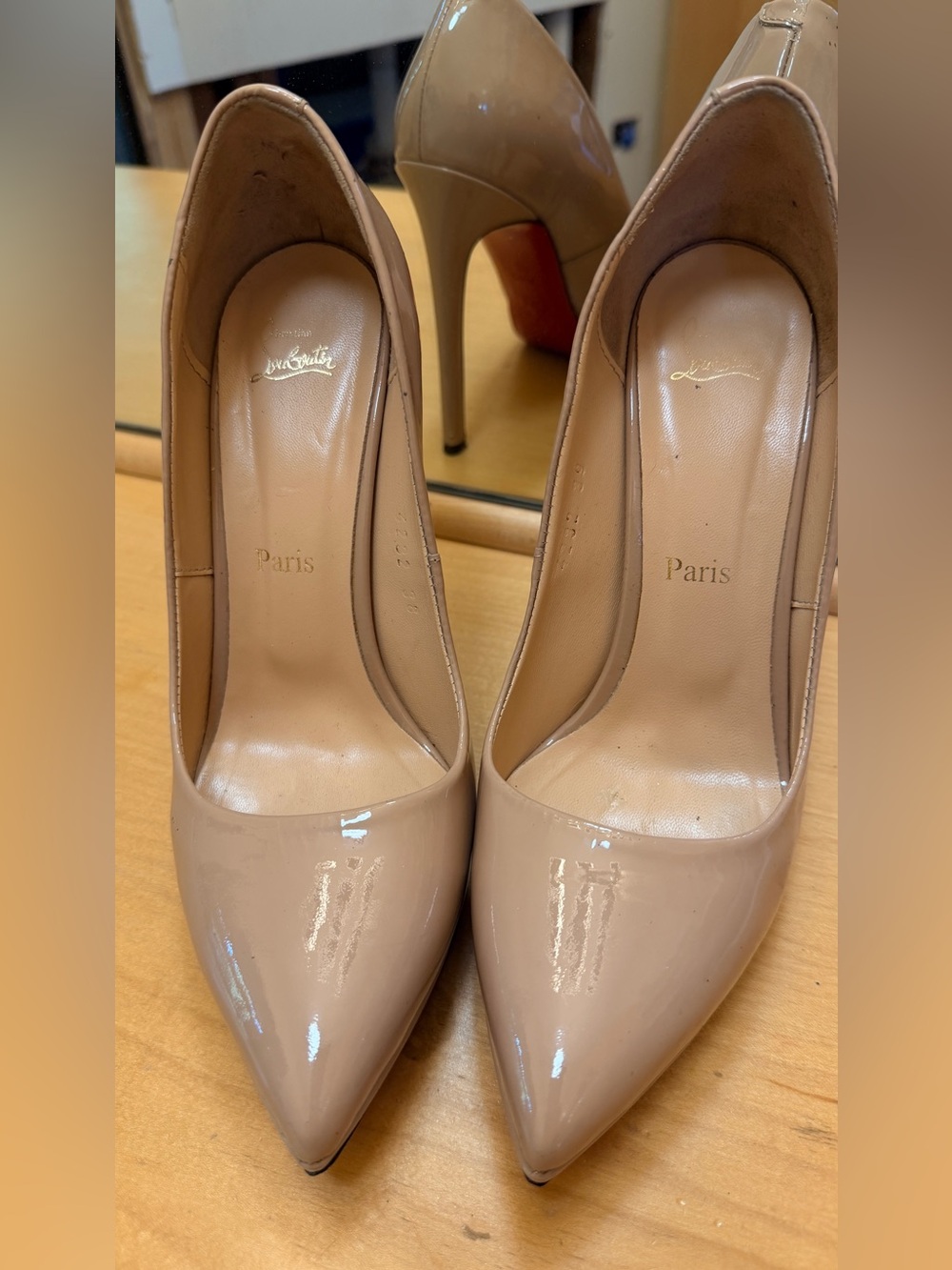 Christian Louboutin Nude Patent Pointed Toe Pumps - Picture 1 of 7